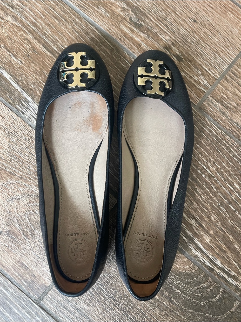 Tory Burch Black Miller Logo Leather Ballet Flats Sz 9.5